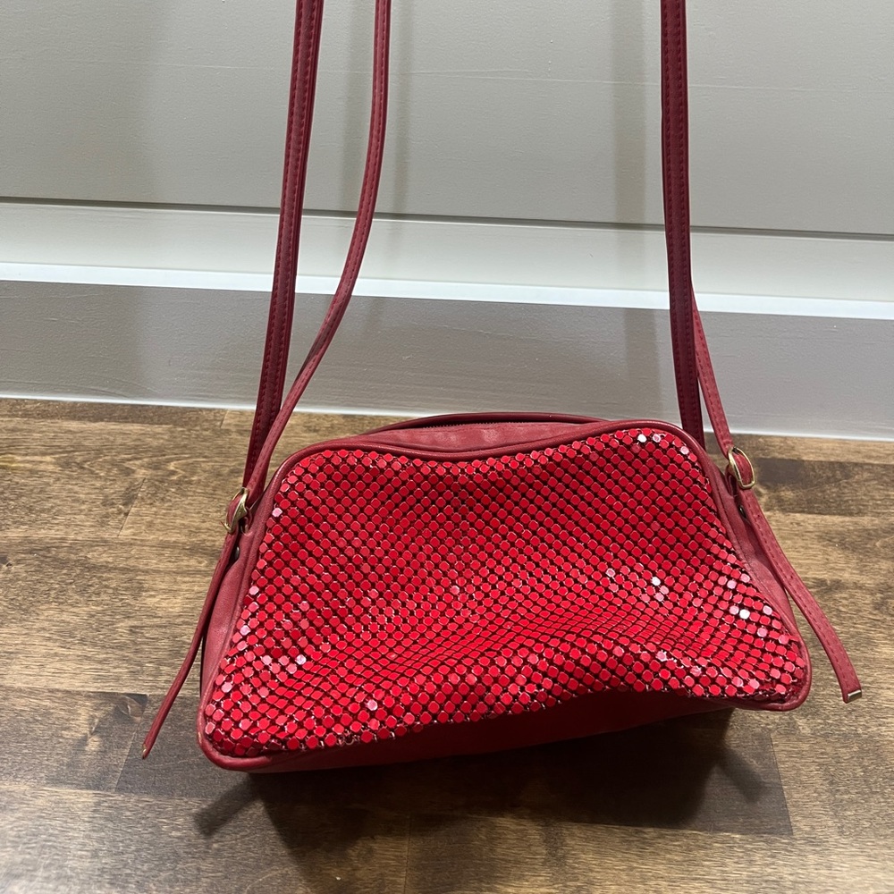 Vintage RED Whiting and Davis crossbody bag.